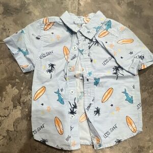 Wonder Nation Blue Shark Surf Print Button-Up Shirt Short Sleeve 100% Cotton 2T